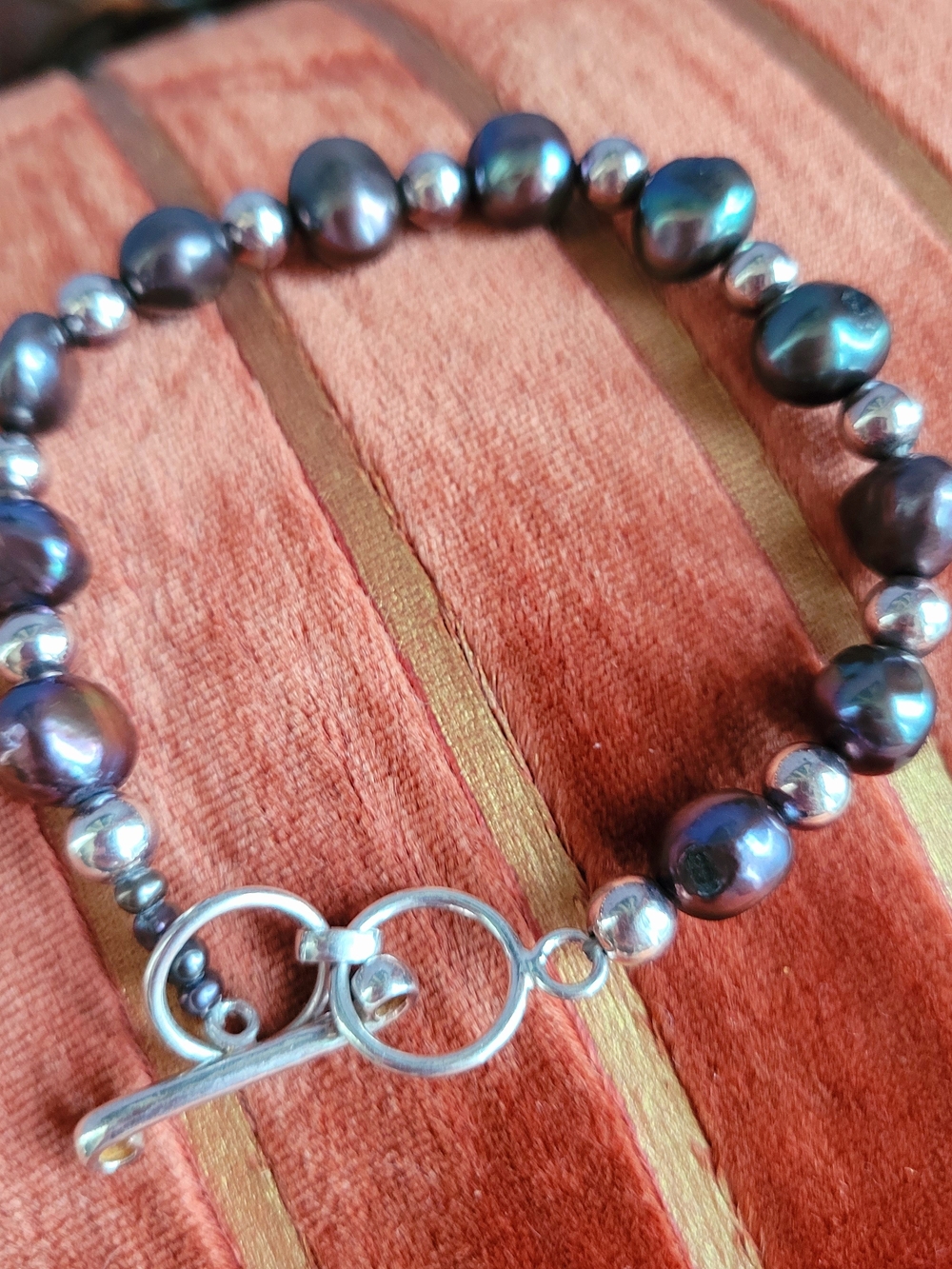 Vintage Iridescent Black Pearl and Sterling Bead Bracelet